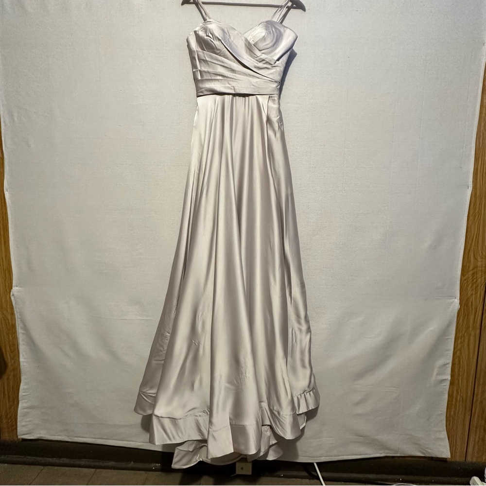 NWT La Femme Strapless Satin Gown with Pleated Bodice and Slit - size 4 - Picture 2 of 6